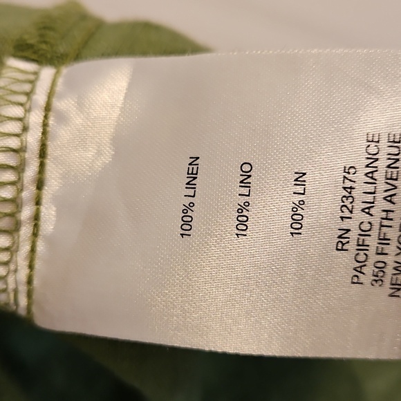 Ellen Tracy womens Large Green Flax Top Blouse 100% Linen Rolled Tab Sleeve - Picture 4 of 6